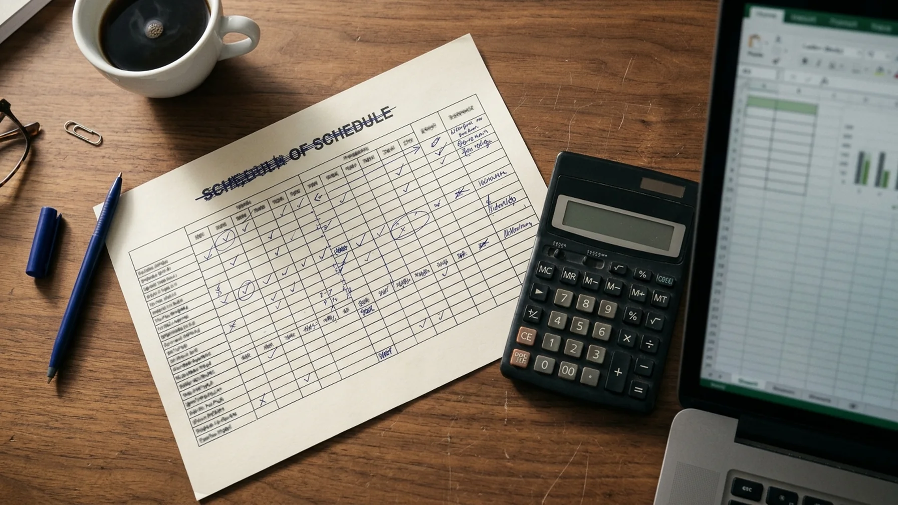 Finance manager marking payment dates on a printed currency schedule with a pen, laptop and calculator on a wooden desk
