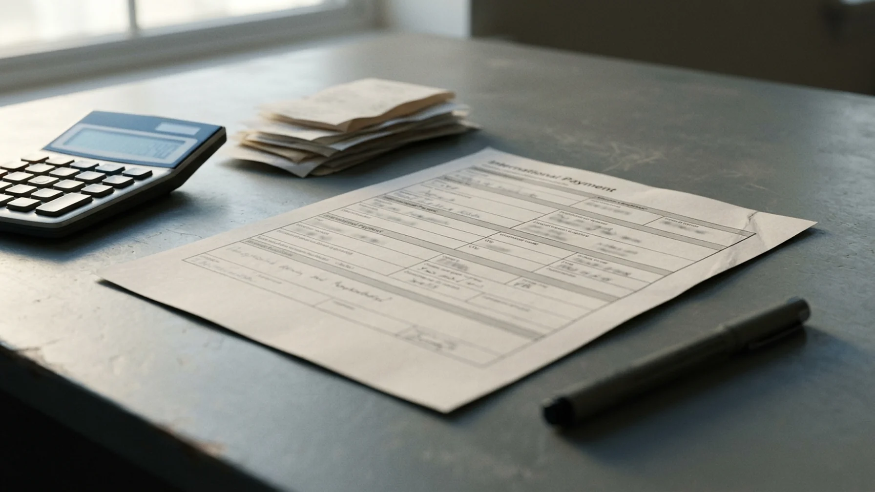 Close-up of a bank payment instruction form beside a calculator and a stack of receipts on a desk