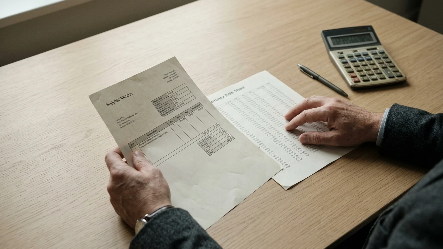 Finance manager reviewing a printed supplier invoice and a currency rate sheet side by side on a wooden desk, calculator and pen within reach, daylight from a window